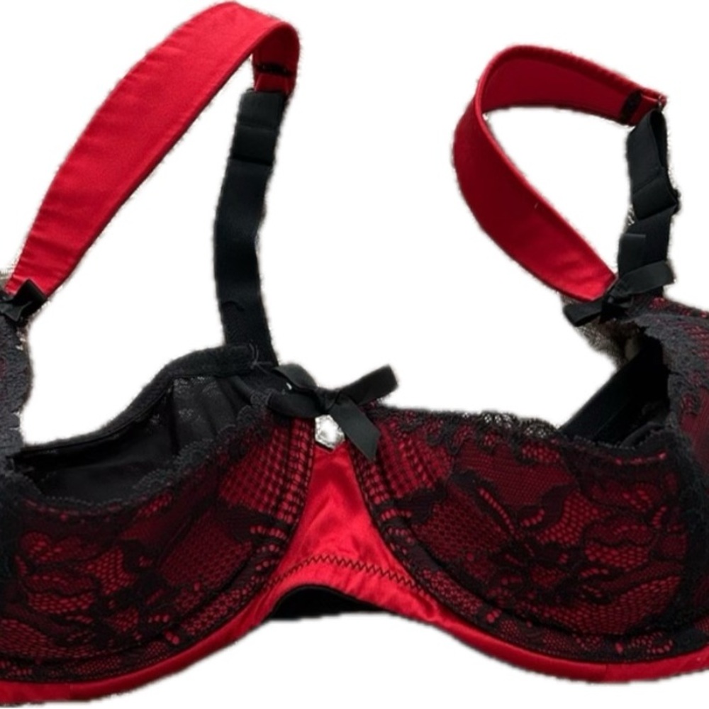 Cacique Quarter Cup Satin Red and Black Lace Under Wire Bra 44D